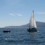 Harry P and tender, Orcas Island in background