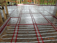 Radiant floor will be heated with geothermal refrigerant that will transmit the heat from refrigerant to water. The heated water will travel about 300 feet before looping back the cooled off liquid.
MVG
