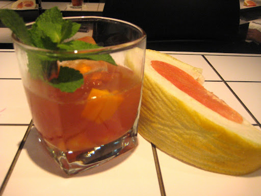 Gascony Smash- 15 year old Armagnac, hum liquor (made with hibiscus, ginger, cardamom & kaffir lime) & ginger beer. With many southeast asian flavors it's summery & refreshing.