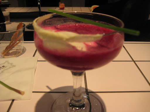 a beet suspicious: incredible! No 3 London dry gin, campari, fresh lemon/beet juices with agave. the rim is goat cheese & ground pistachios and in the glass is horseradish foam. you bite the chive, lick the rim and fall into bliss with the beet juice.