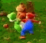 Yoshi sendo espancando por Mario e Donkey