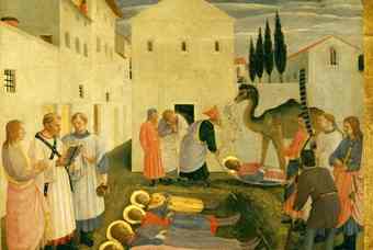 Fra Angelico, Sépulture des Saints Côme et Damien, et de leurs trois frères, vers 1438-1440. Détrempe sur bois, 36 x 45 cm. Florence, Museo di San Marco (prédelle) Inv. 1890 n. 8494.