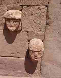 Tiwanaku - Figures of heads in the walls of the Semi-Subterranean Temple. 