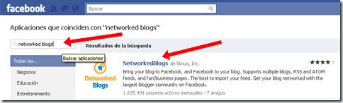 Buscaremos Networked blogs en el buscador de Facebook