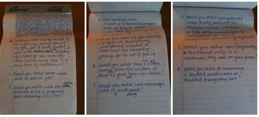 Then, there was this gem of a notepad, with would-you-rather type questions. Then, there was this gem of a notepad, with would-you-rather type questions.