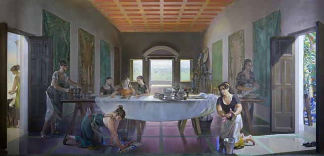cuadro de Joan Costa Sacra limpieza. El día siguiente (2007), que aporta la imagen de doce criadas y un perro en vez de doce apóstoles y un Cristo