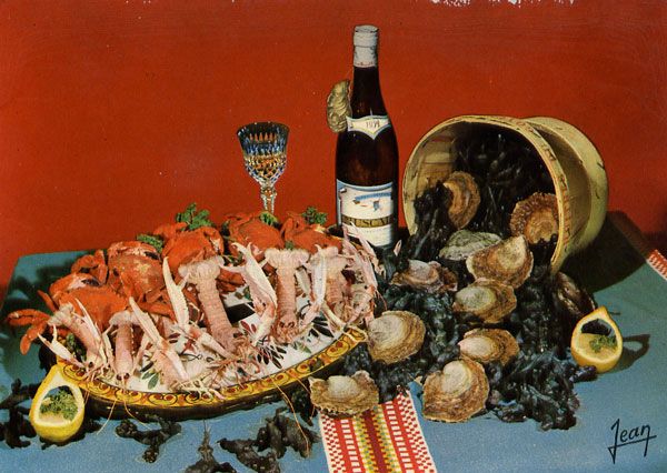 Cartes Postales Pop et  Kitsch des années 50, 70 et 70 coquillages et crustacés / seafood platters