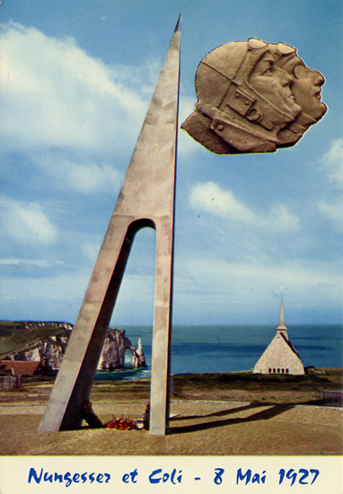Cartes Postales Pop et Kitsch des années 50, 70 et 70 - Pop and kitsch vintage postcards from the fifties, the sixties and the seventies : ETRETAT (Seine-Mme 76) Monument élevé à la mémoire de NUNGESSER et COLI qui tentèrent à bord de l'Oiseau Blanc, la traversée sans escale de l'Atlantique et qui disparurent corps et biens (8 mai 1927)