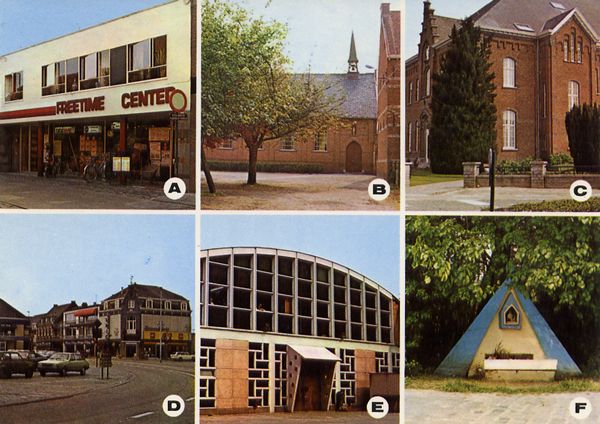 Cartes Postales Pop et  Kitsch des années 50, 70 et 70 - Pop and kitsch vintage postcards from the fifties, the sixties and the seventies : a : Free-Time-Center b : Kerk St. Adriaan c : School d : Markt e : Don-Bosco School f : Kapel Wilde-Heide