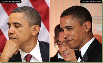 Two images of President Barack Obama from Jan. 19, 2011, one from morning (left) and another from evening (right). 
(Photos by Alex Wong/Getty Images)
