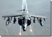 RAF Harrier GR7A fires rockets over the mountains of Afghanistan.  The aircraft carry a range of weapons to give them the flexibility to respond to a variety of situations in a proportional manner.
