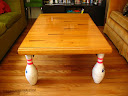 Pina's Table: Tabletop salvaged from the Kona Lanes. Legs made from real pins. Collaboration with Richard Lambert, Orange County.