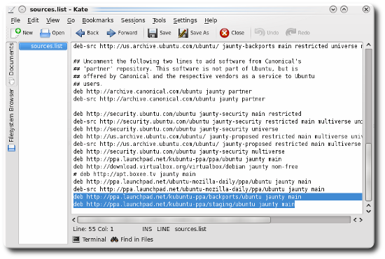 screen shot of kate editing sources.list