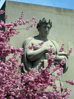 Sculpture and pink flowers in Brooklyn New York