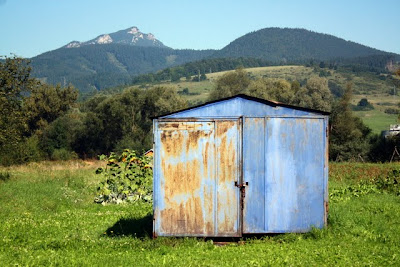 Blue shed in the Slovakian countryside in Ivachnova