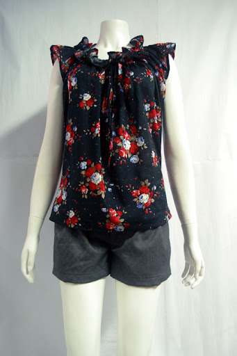 Elastic ruffle collar blouse with ribbon tie. Black cotton with flowers - can be worn off shoulder. MPJY0409-004 S$33.90 PTP: 16" STH" 23"