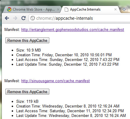 Google Chrome AppCache page