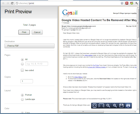 Print Preview in Google Chrome