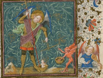 Archangel Michael weighing the souls, from The Book of Hours of Catherine of 