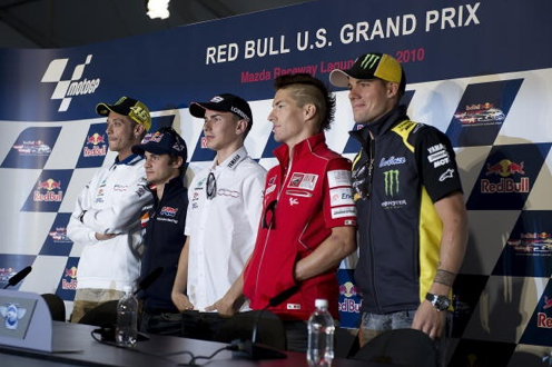 Valentino Rossi of Italy and Fiat Yamaha Team, Dani Pedrosa of Spain and Repsol Honda Team, Jorge Lorenzo of Spain and Fiat Yamaha Team, Nicky Hayden of USA and Ducati Marlboro Team and Ben Spies of USA and Monster Yamaha Tech 3 pose during the press conference pre-event of the U.S. Grand Prix at Mazda Raceway Laguna Seca Circuit on July 22, 2010 in Monterey, California. (Photo by Mirco Lazzari gp/Getty Images) Content © 2010 Getty Images All rights reserved.