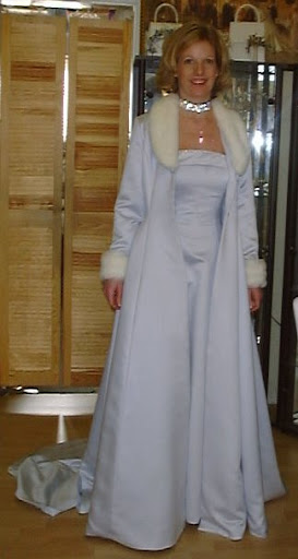 Pale Blue Duchess Satin + Fur Trimmed Coat