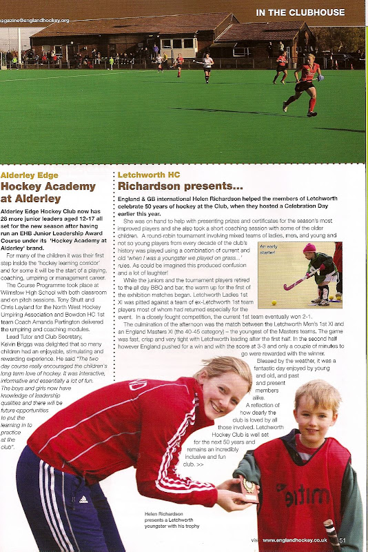 Charlotte Moys & Alex Gallimore receive their Junior Certificates from GB & England Ladies Hockey Player Helen Richardson at Letchworth Hockey Club's 50th Anniversary