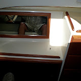 The cabinets in the master berth fore.