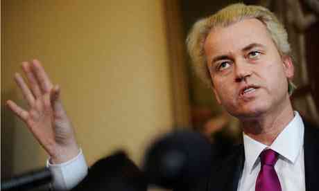 Dutch far-right lawmaker Geert Wilders addresses a press discussion in London.