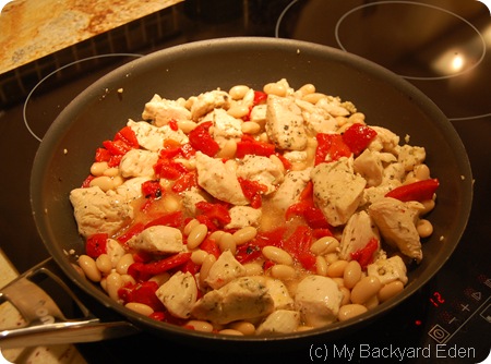 Add broth, beans and peppers Add broth, beans and peppers