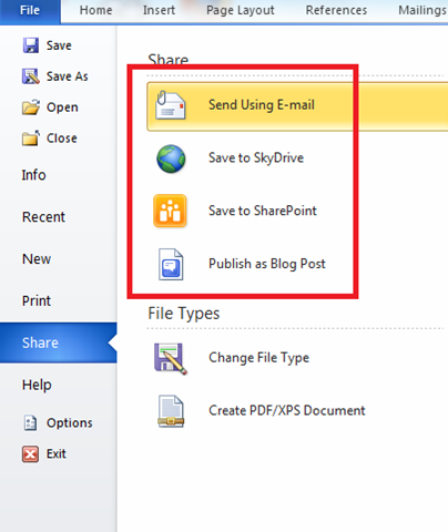 Ways to share your documents in word 2010