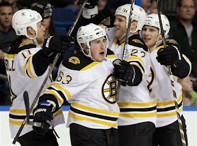 Brad Marchand and his teammates celebrate his goal