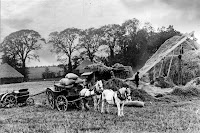 Threshing in 1935. In field now part of Upton Fruit Farm. From Mrs Keep's album.