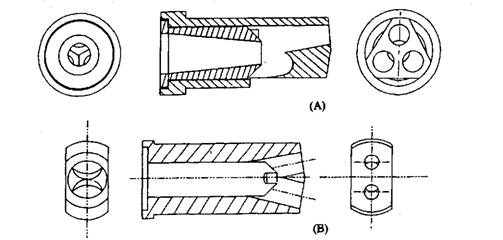 Fig. 9.112. Alternative nozzles.A. Top, three hole, wide angle cone jet.B. Two hole divide jet for 4-valve heads.