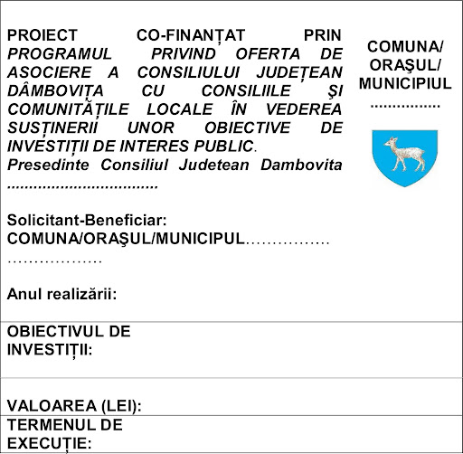 Conform metodologiei, panourile temporare �i pl�cu�ele permanente trebuie s� fie albe, scrise cu negru, s� aib� stemele CJD �i pe cea a Consiliului Local �i s� con�in� un anumit tip de informa�ii