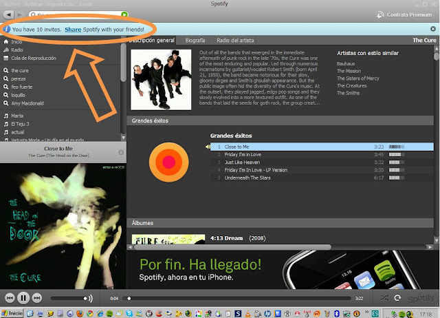 Barra invitaciones de Spotify