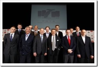 FOTA Headquarters, Geneva, Switzerland. 4th March 2009 Back Row: Nick Fry, Alex Burns (AT&T WilliamsF1), Vijay Mallya (Force India), Christian Horner (Red Bull Racing), Dr Mario Theissen (BMW-Sauber F1 Team), Tadashi Yamashina (Panasonic Toyota Racing),  John Howett (Panasonic Toyota Racing; FOTA Vice Chairman).  Front Row: Martin Whitmarsh (Vodafone McLaren Mercedes), Flavio Briatore (ING Renault F1 Team),  Ron Dennis (McLaren Group), Luca di Montezemolo (Ferrari, Fiat; FOTA Chairman), Stefano Domenicali (Scuderia Ferrari Marlboro), Franz Tost (Scuderia Toro Rosso).Photo credit: FOTA ref: Copyright Free Digital Image
