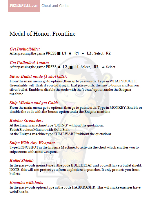 Medal of Honor frontline  ,playstation 2 cheat code reviews features