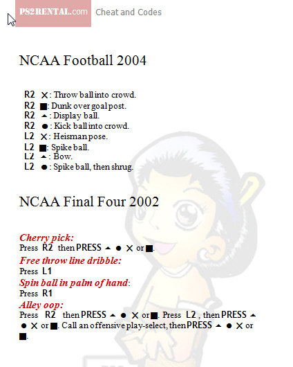 NCAA Foorball ,playstation 2 cheat code reviews features