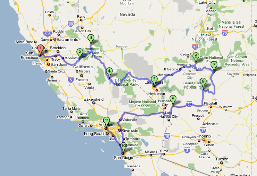 En résumé : 3000 km. Arrivée le 26 juin à San Francisco puis Yosemite, Death Valley, Las Vegas, Zion, Bryce, Lac Powell, Grand Canyon, San Diego (seaworld) et départ Los Angeles le 15juillet.