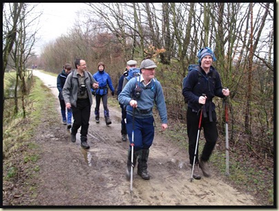 Sue, Tom, Sue, David, Graham and a clown, on the soft surface of the Trans-Pennine Trail