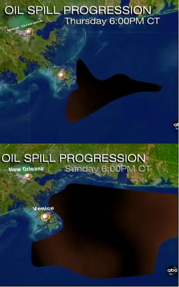 ABC simulation of increase of size of Gulf oil spill.