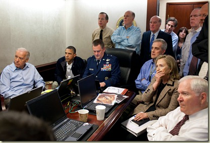 President Barack Obama and Vice President Joe Biden, along with with members of the national security team, receive an update on the mission against Osama bin Laden in the Situation Room of the White House, May 1, 2011. Please note: a classified document seen in this photograph has been obscured. (Official White House Photo by Pete Souza)

This official White House photograph is being made available only for publication by news organizations and/or for personal use printing by the subject(s) of the photograph. The photograph may not be manipulated in any way and may not be used in commercial or political materials, advertisements, emails, products, promotions that in any way suggests approval or endorsement of the President, the First Family, or the White House.