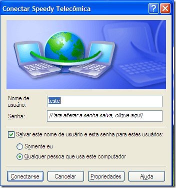 Tela de conexão de banda-larga no XP