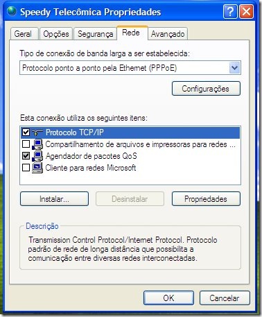 Propriedades da conexão de banda-larga no XP
