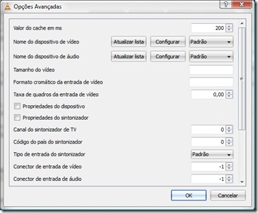 Opções avançadas do dispositivo de captura no VLC