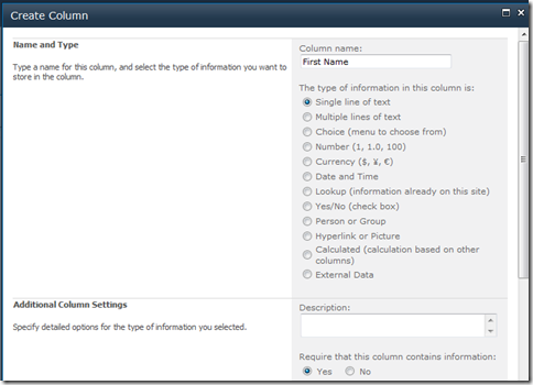 Create Column Dialog Create Column Dialog