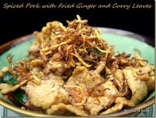 spiced pork with fried ginger and curry leaves