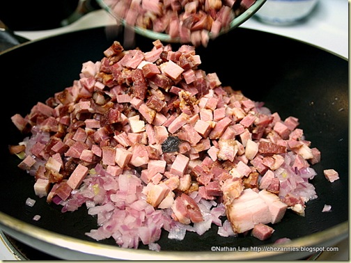 Adding Char Siu to Onions for Char Siu Bao Filling