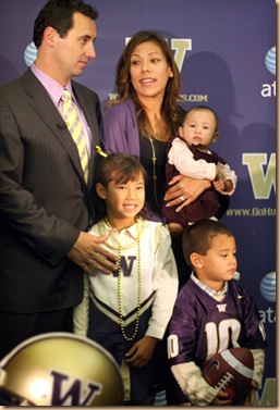 University of Washington head football Steve Sarksian is introduced at a press conference on Monday, December 9, 2008 in the Don James Center at Husky Stadium in Seattle.  With wife Stephanie daughters Ashley and Taylor and son Brady