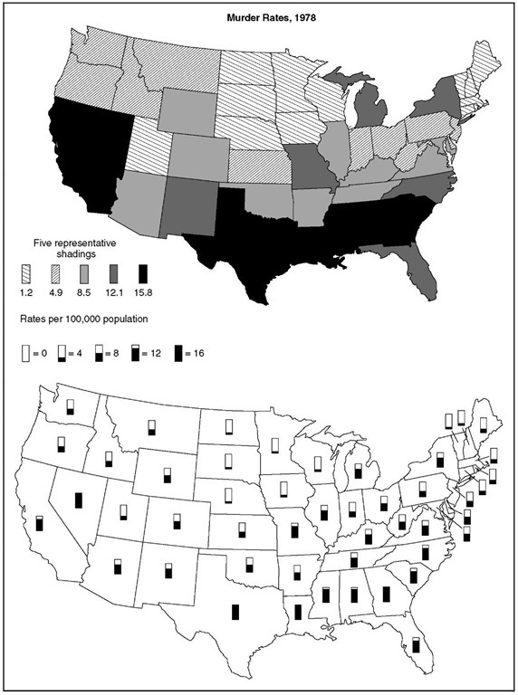 Statistical maps of state murder rates in 1978 employing (a) shading and (b) framed rectangles. 